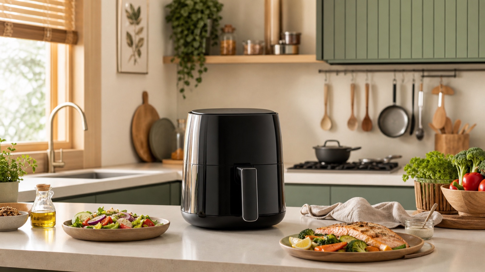 Küçük mutfak tezgâhında airfryer ve hazırlanmış yemek